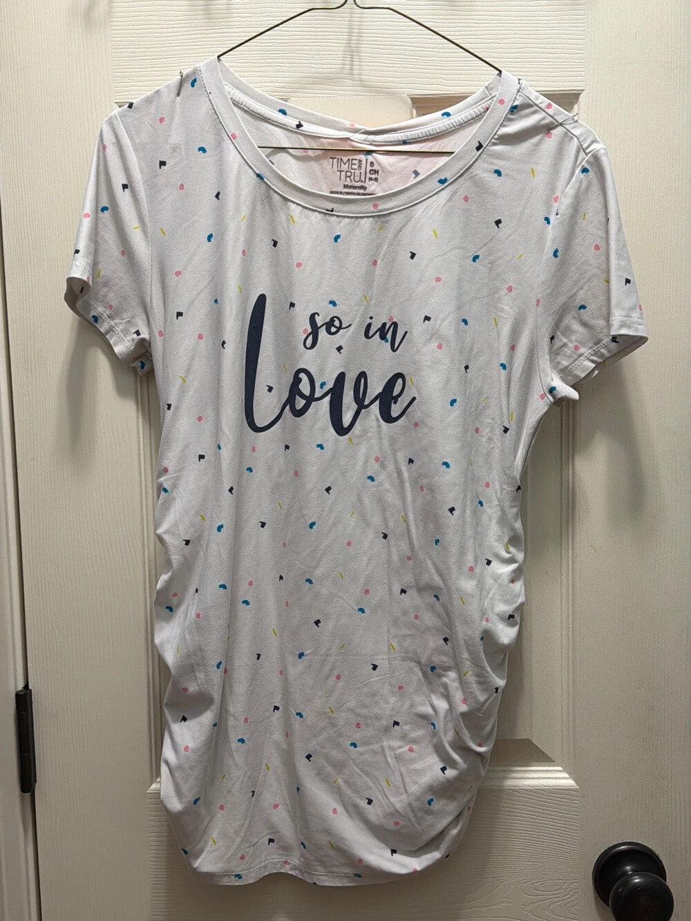 Time And Tru Maternity T-Shirt So In Love Confetti Print Ruched Sides Small (4-6